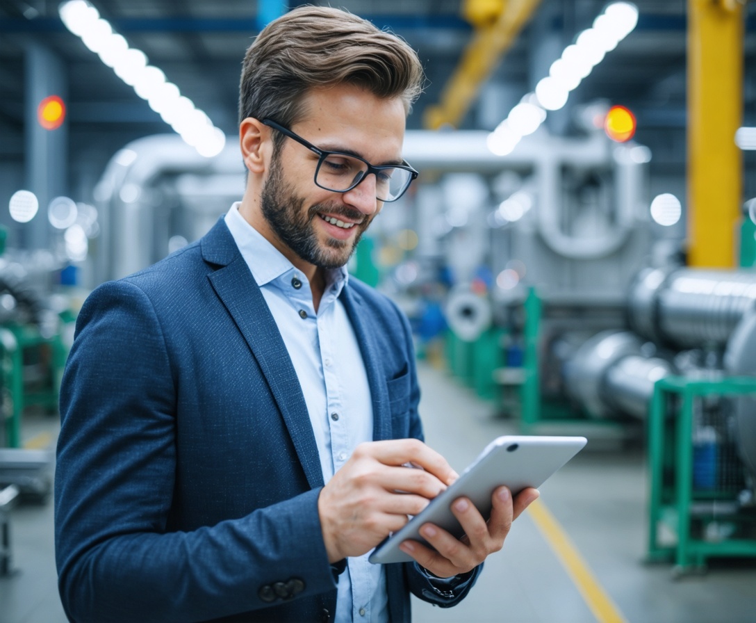 Majiteľ výrobnej firmy sleduje výsledky na tablete